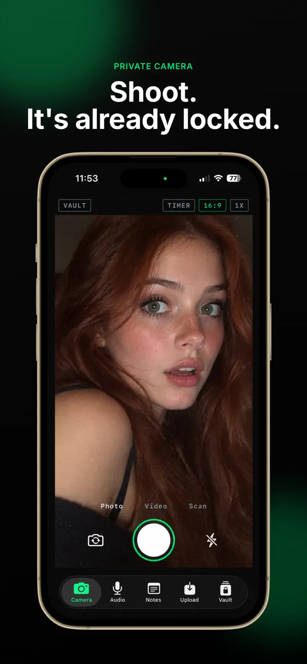 SilentLens screenshot: the private in-app camera, captioned “Shoot. It’s already locked.”